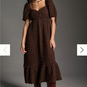 Brown Midi Sundress with Ruffled Tiered Skirt and Puff Sleeves